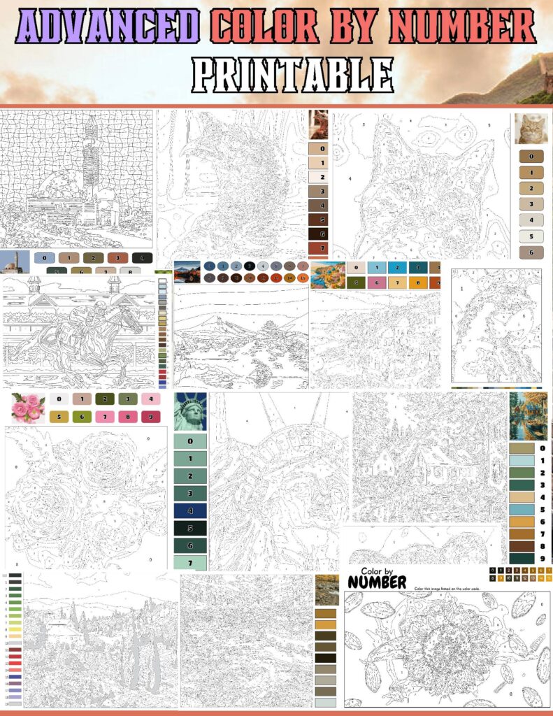 Intricate advanced color by number printable pages designed for teens and adults