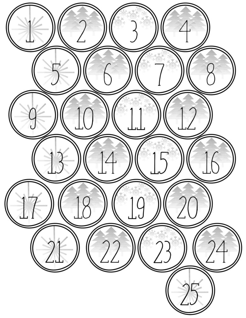 Advent Calendar Numbers Free Printable featuring circular numbers with winter-themed backgrounds