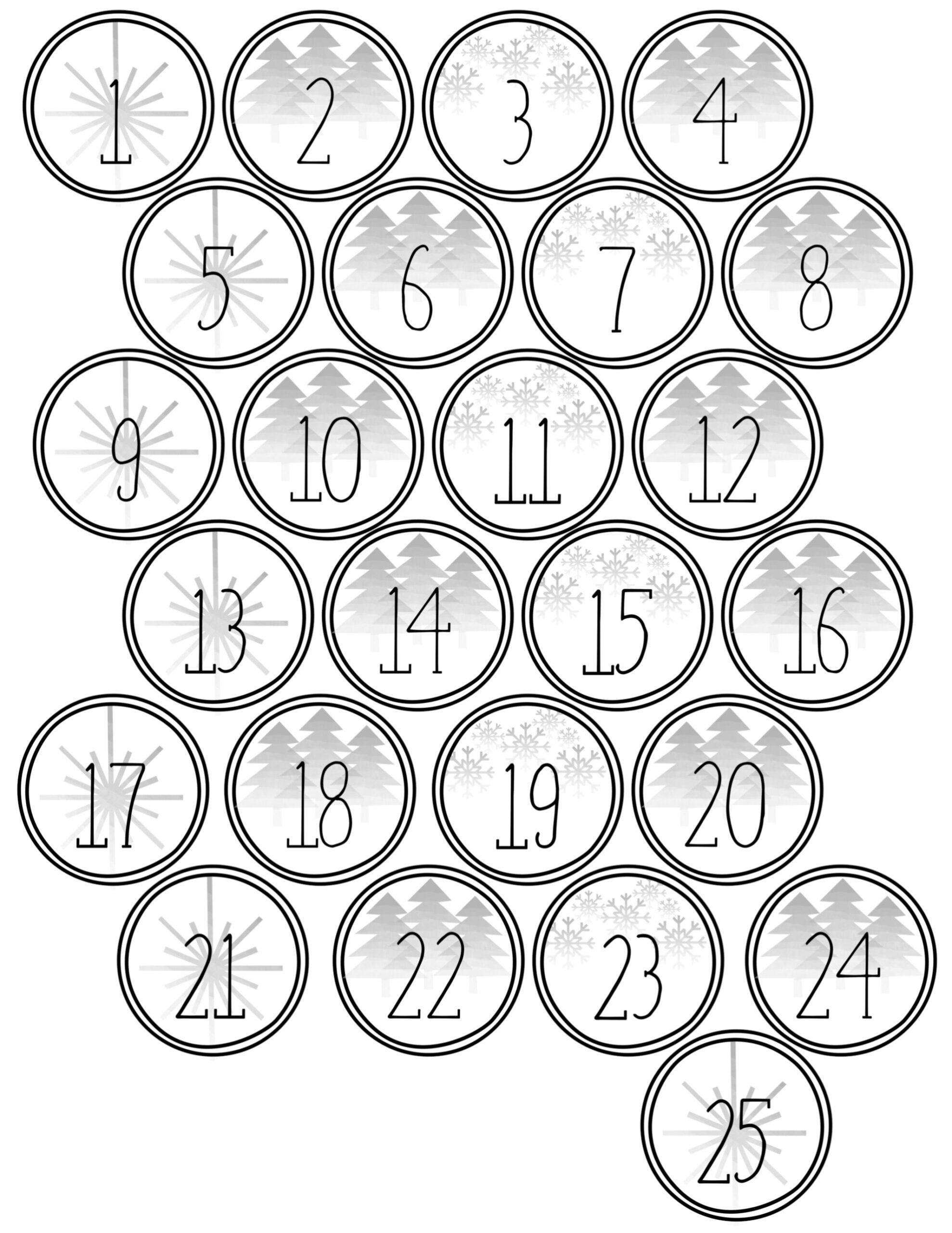 Advent Calendar Numbers Free Printable featuring circular numbers with winter-themed backgrounds