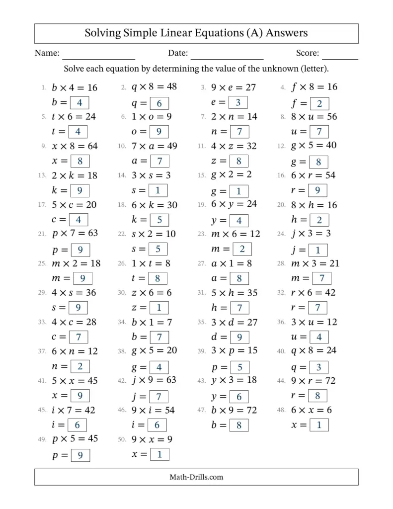 Algebra worksheet focusing on missing numbers in multiplication problems
