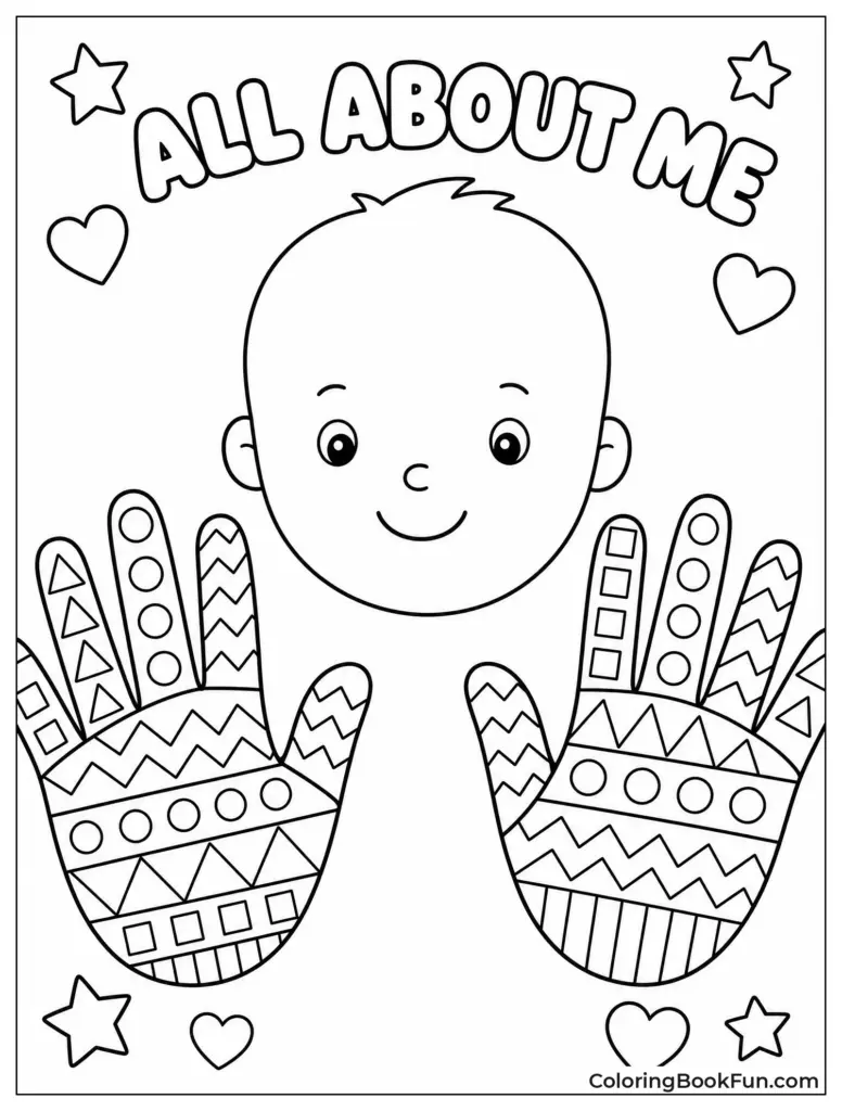Engaging All About Me Color Pages featuring a smiling child and decorated hands for coloring