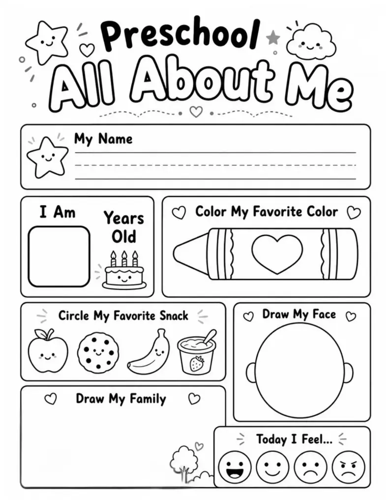 All About Me Coloring Pages Printable – Fun Worksheet for Kids Engaging All About Me Coloring Pages Printable featuring sections for name, age, favorite color, and more