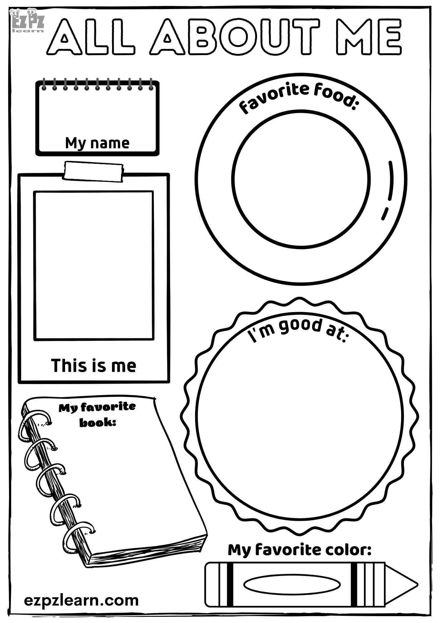 Engaging All About Me Coloring Sheets For Preschool featuring sections for favorite food, color, and more