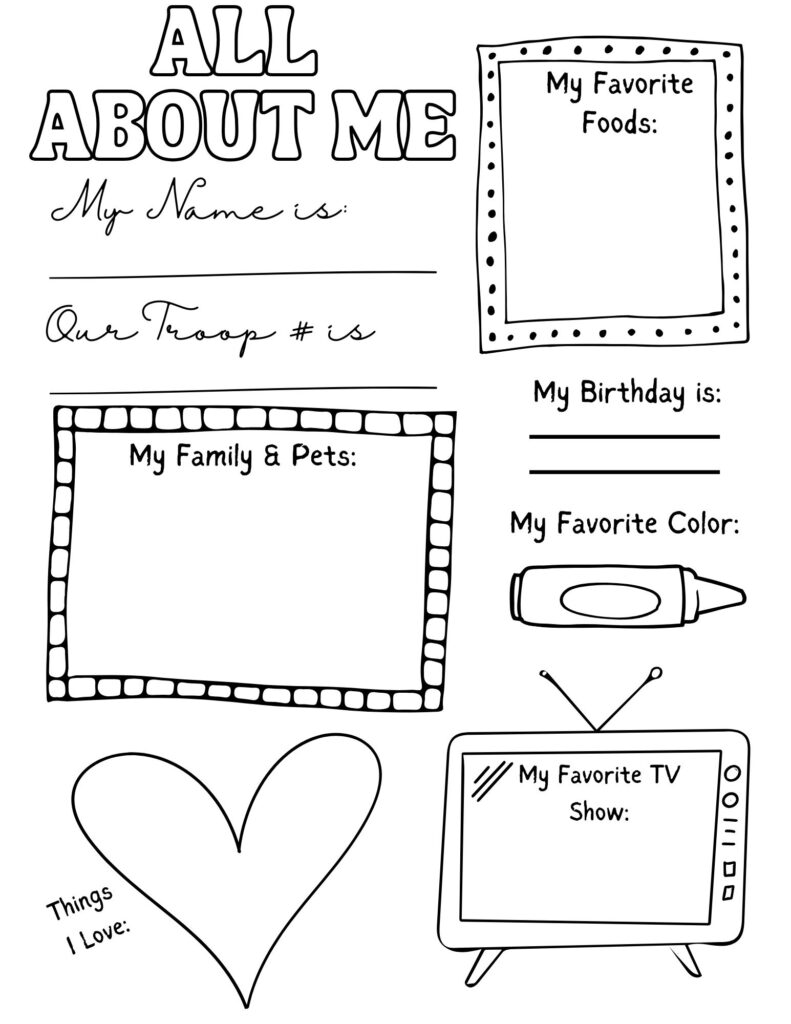 All About Me Girl Scout printable worksheet with sections for favorite foods, birthday, and more