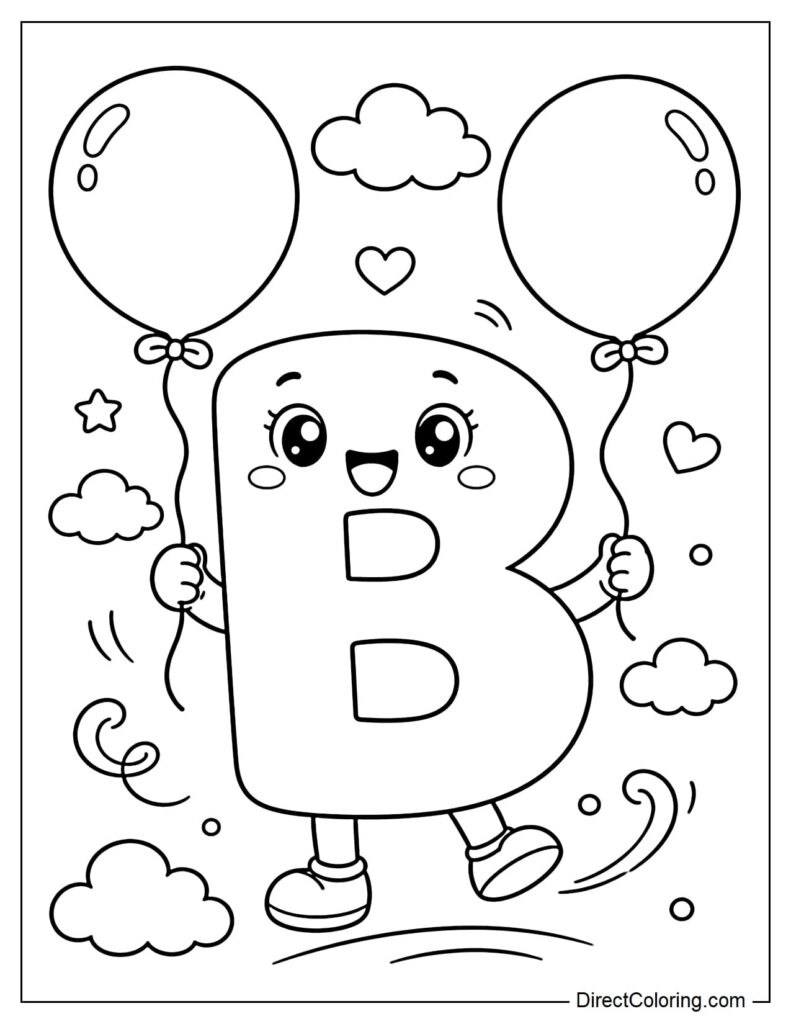 Coloring page of the letter B with balloons and a cheerful character