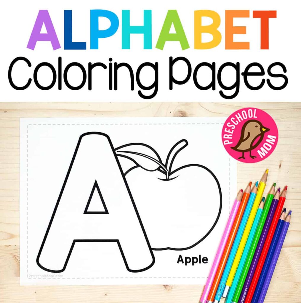 Alphabet coloring page showing letter A with an apple illustration and colorful pencils
