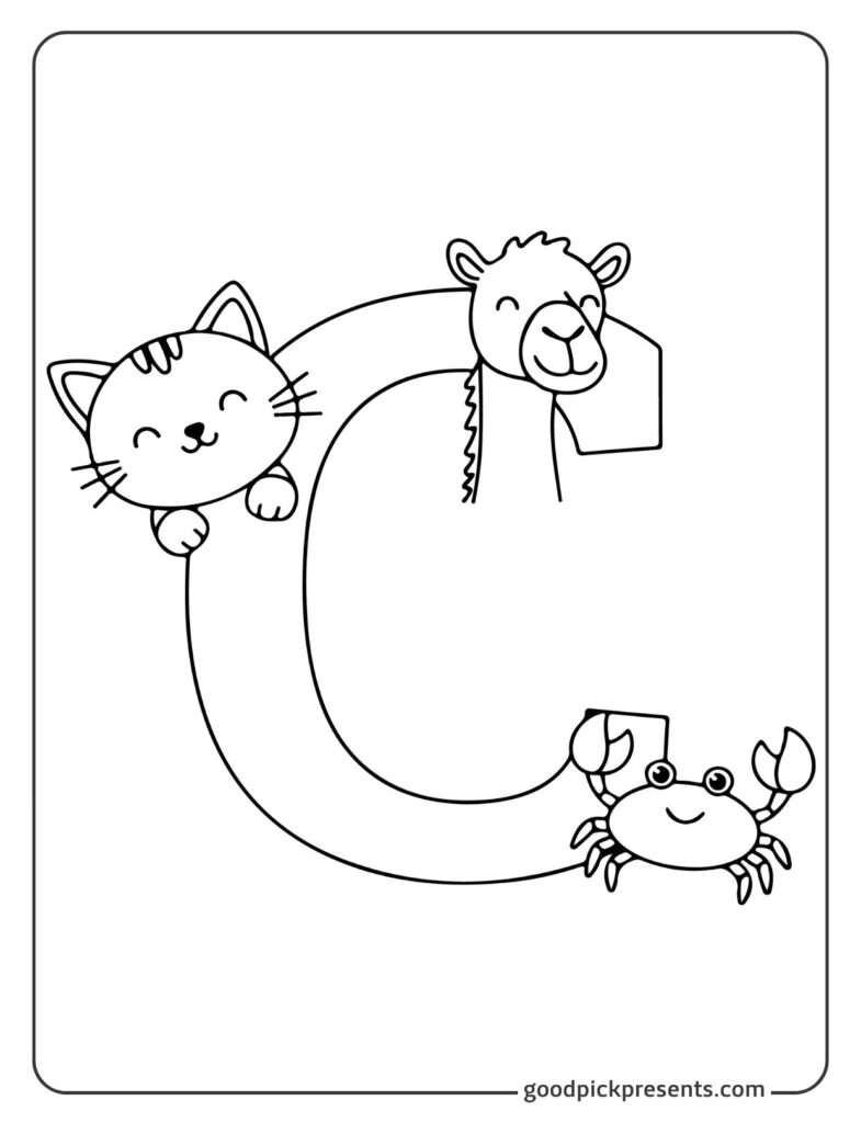 Coloring page of the letter C surrounded by cute animals like a cat and a crab