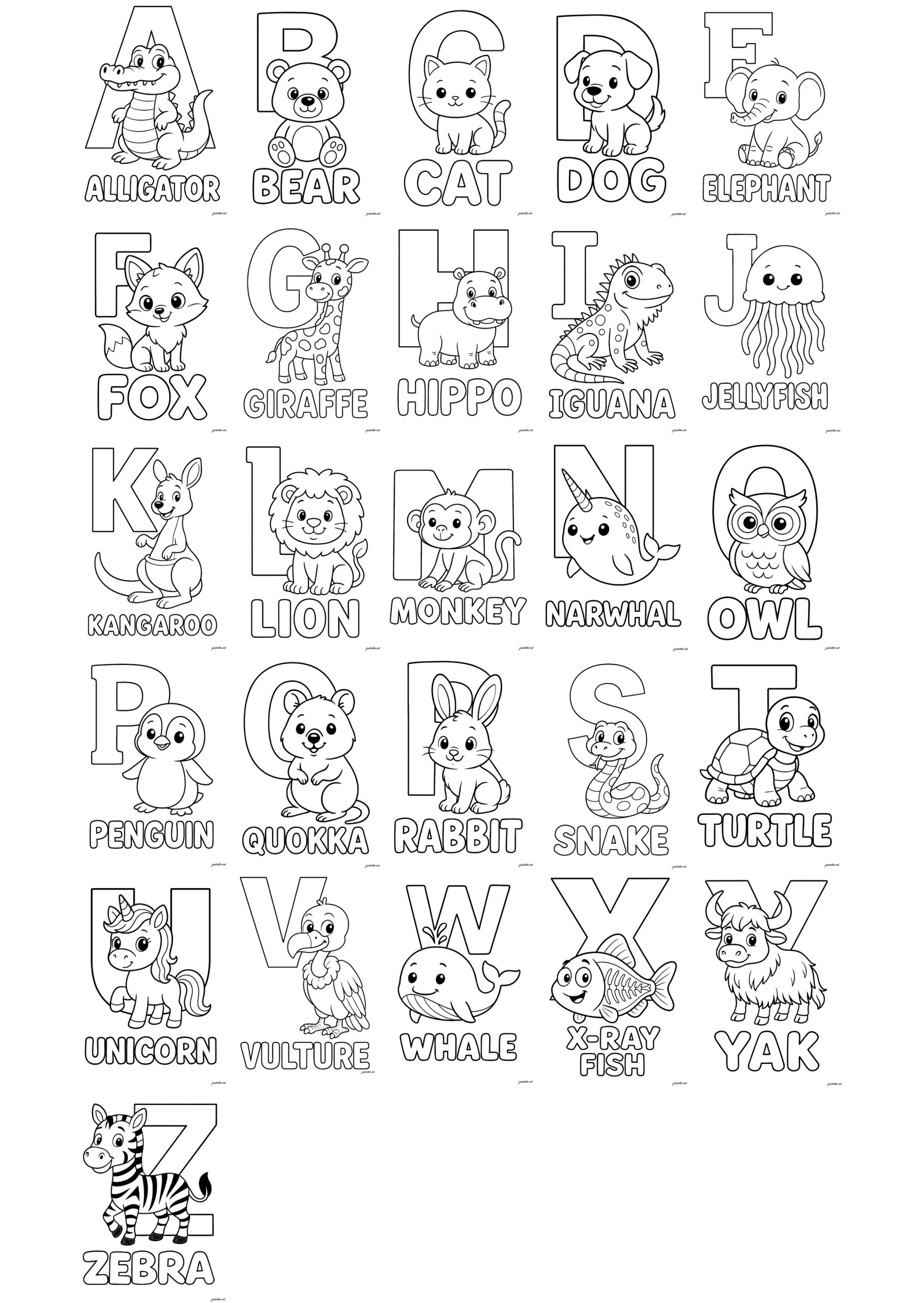 Engaging alphabet coloring pages printable free featuring animals for each letter