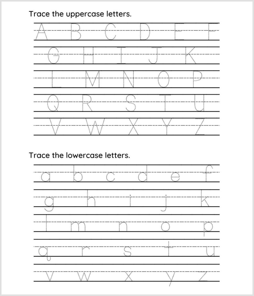 Alphabet Tracing Sheet for Kids Alphabet tracing sheet designed for kids to practice uppercase and lowercase letters
