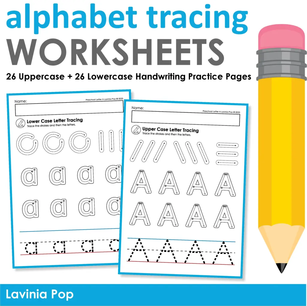 Printable alphabet tracing worksheets for preschoolers featuring uppercase and lowercase letters