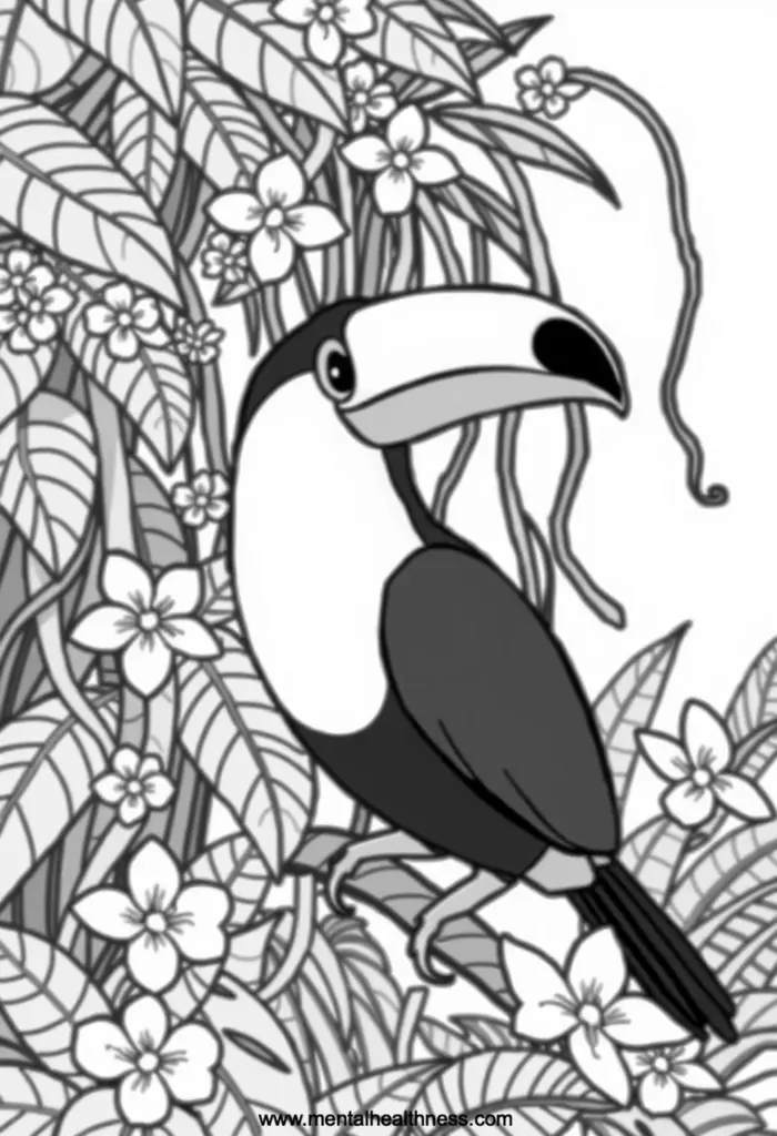Animal Coloring Pages – Tropical Toucan Tropical toucan coloring page surrounded by lush foliage and flowers