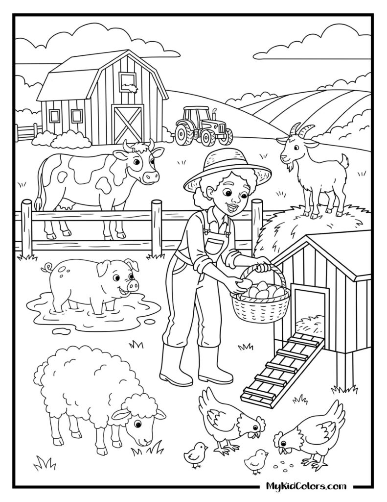 A lively scene with a child feeding farm animals, including a cow and chickens, in a barnyard setting