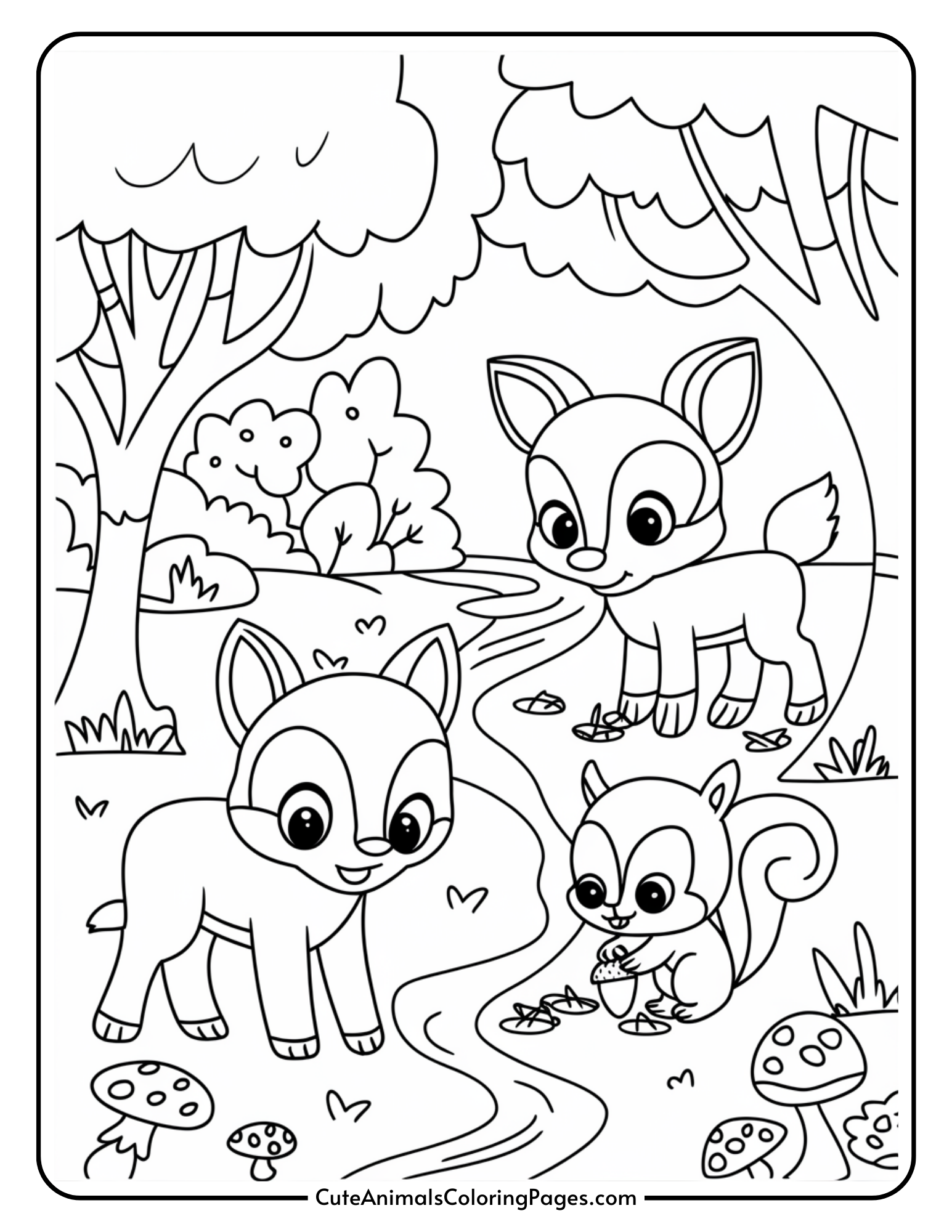 Free printable Animal Coloring Sheets For Kids featuring cute woodland animals in a forest scene