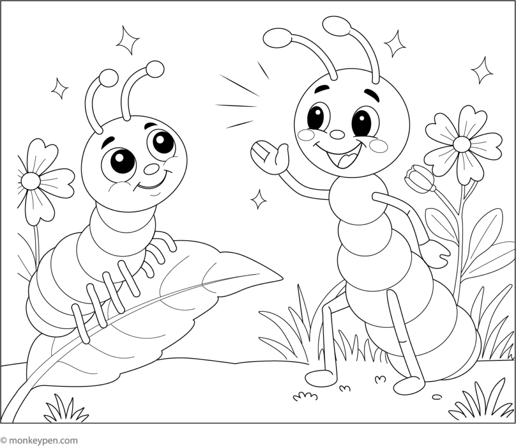Ant and Caterpillar Coloring Page for Kids Coloring page featuring a friendly ant and caterpillar in a garden setting