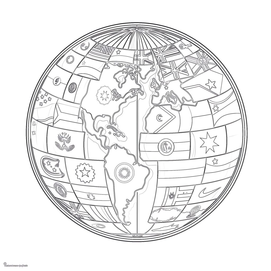 Detailed coloring page featuring various world flags for Around The World Coloring Sheets
