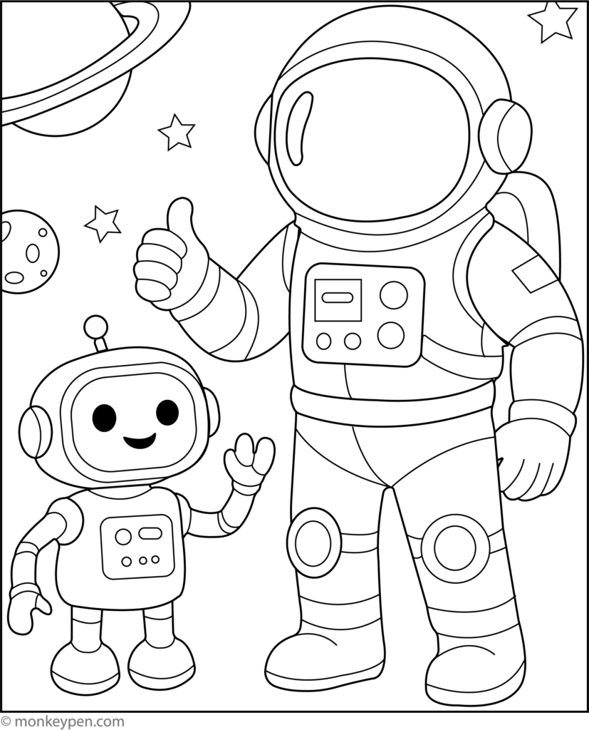 Coloring page of an astronaut and a friendly space robot in outer space