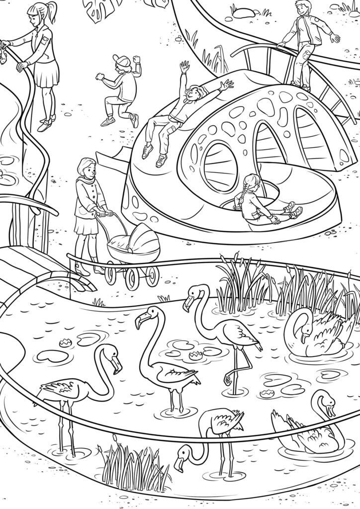 At the Zoo Coloring Page for Kids Coloring page depicting a lively zoo scene with children and flamingos