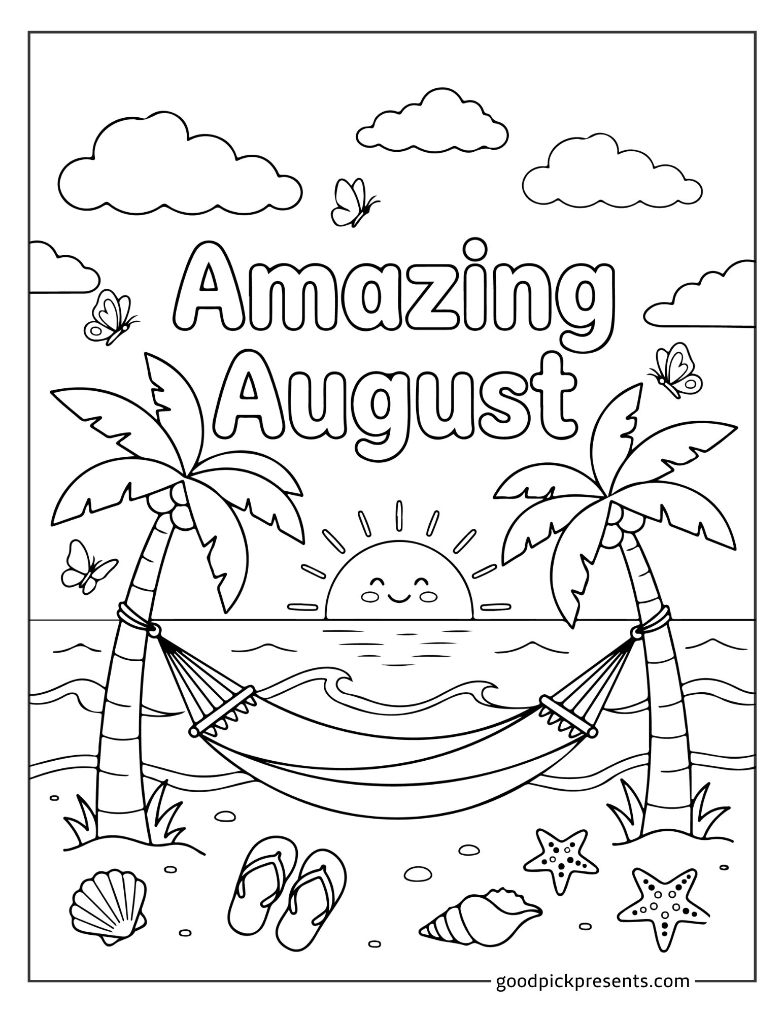 Relaxing beach scene with palm trees and a hammock in August Coloring Pages For Adults