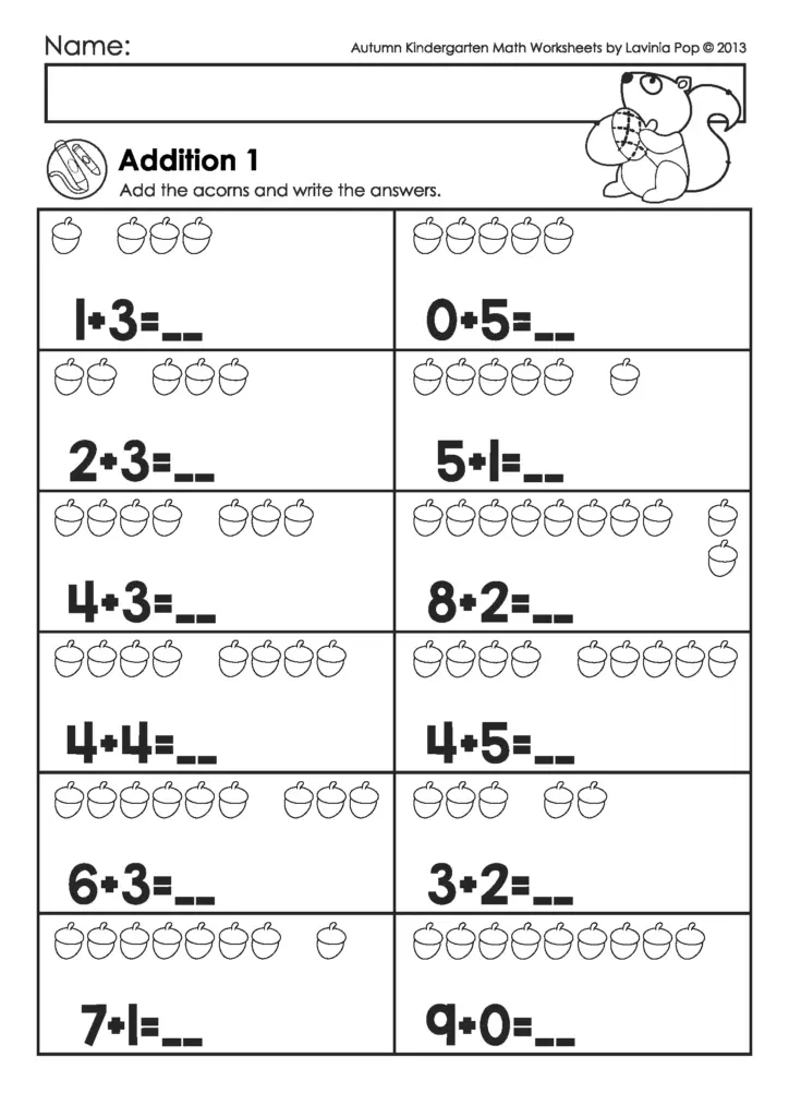 Autumn-themed kindergarten math worksheets featuring addition activities with acorns