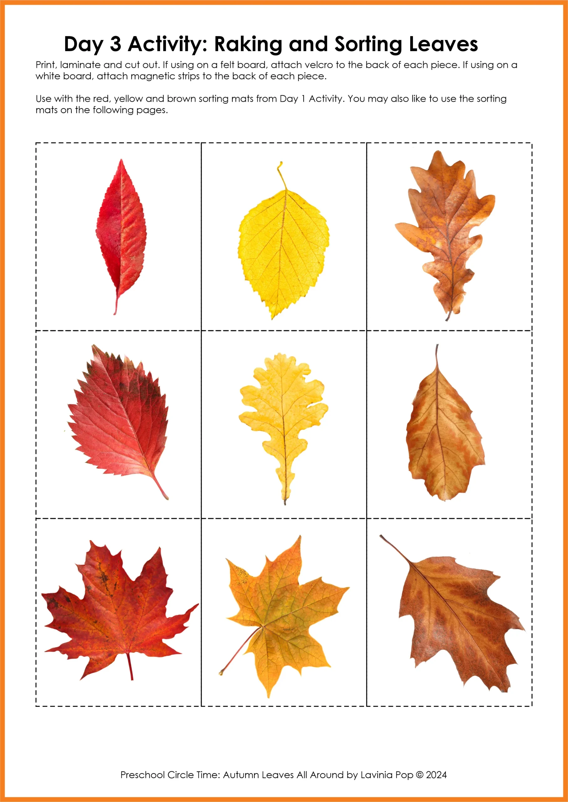 Free printable activity featuring various autumn leaves to print out for preschool circle time