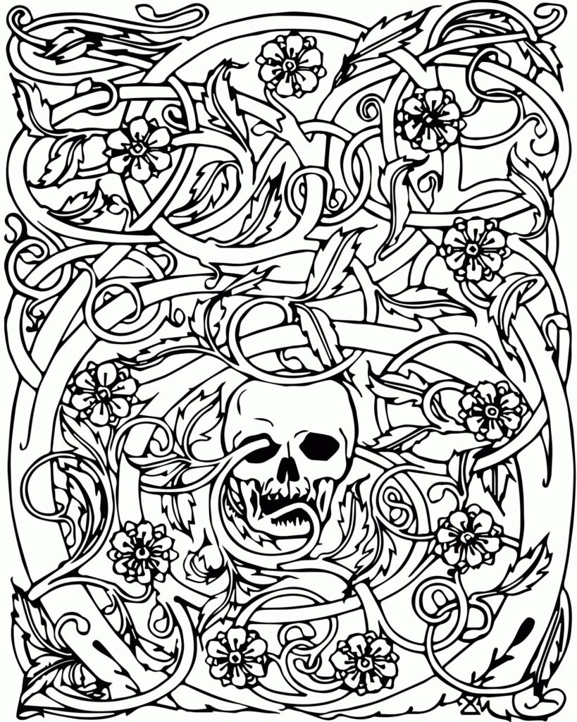 Detailed skull surrounded by flowers and vines, ideal for adult coloring enthusiasts