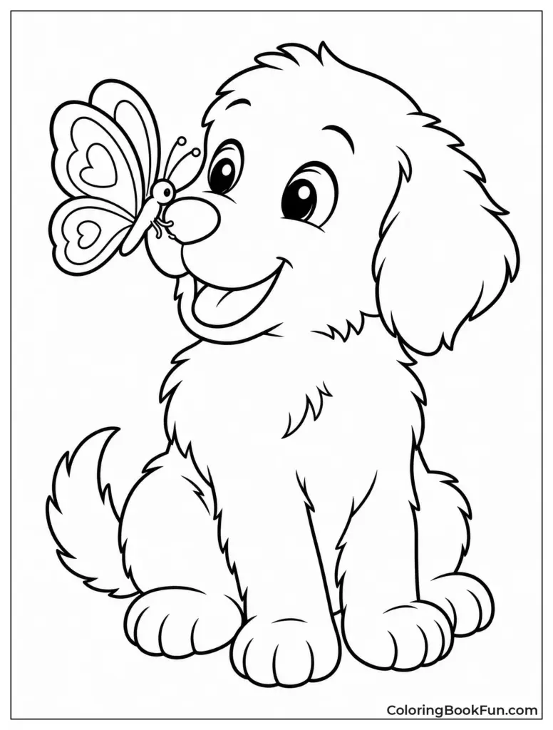 A playful puppy interacting with a butterfly in a fun coloring page