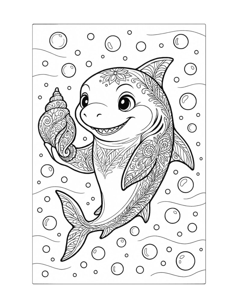 Baby Shark Coloring Pages For Second Graders Fun baby shark coloring page for second graders holding a shell