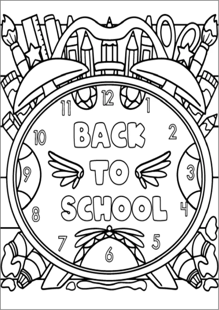 Back To School coloring page featuring a clock surrounded by school supplies