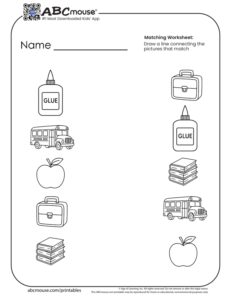 Matching worksheet for kindergarten featuring school-related items