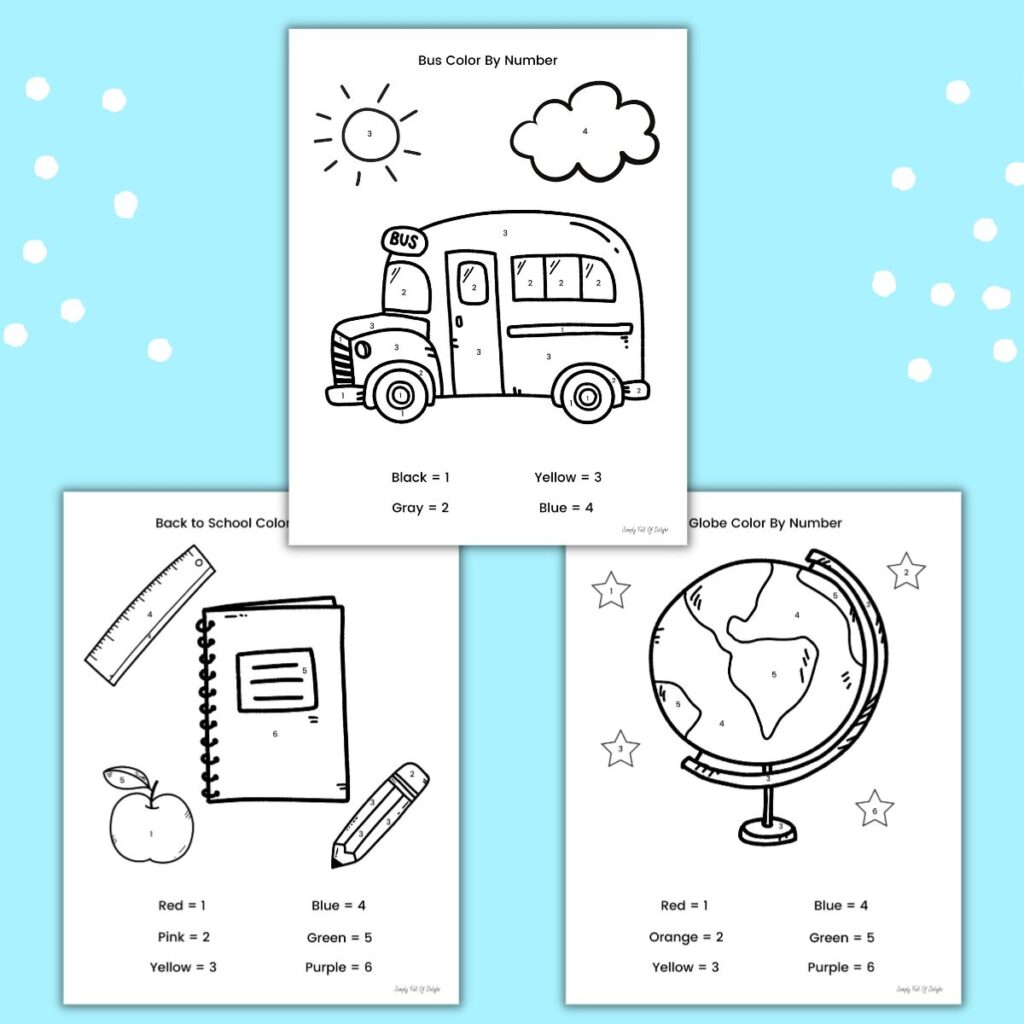 Back to School Color By Number Worksheets Color by number worksheets themed around back to school with fun illustrations