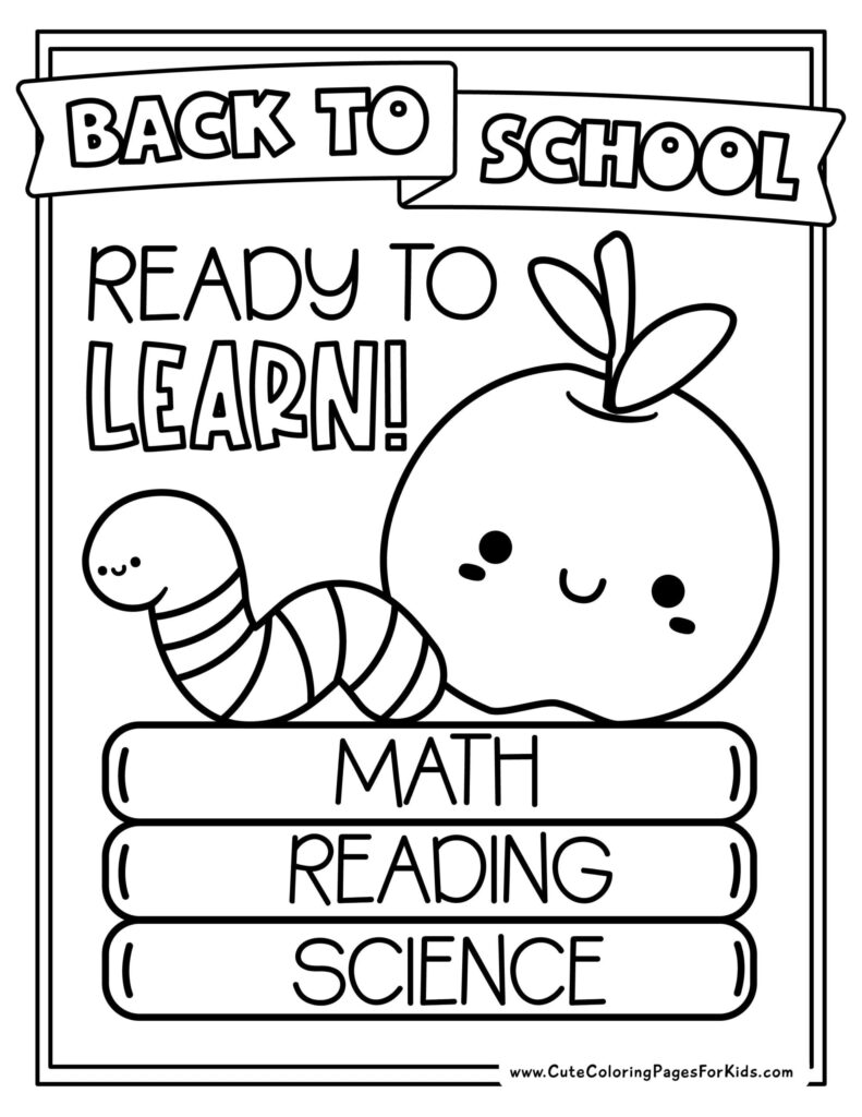 Coloring page showing a worm and apple with subjects for back to school