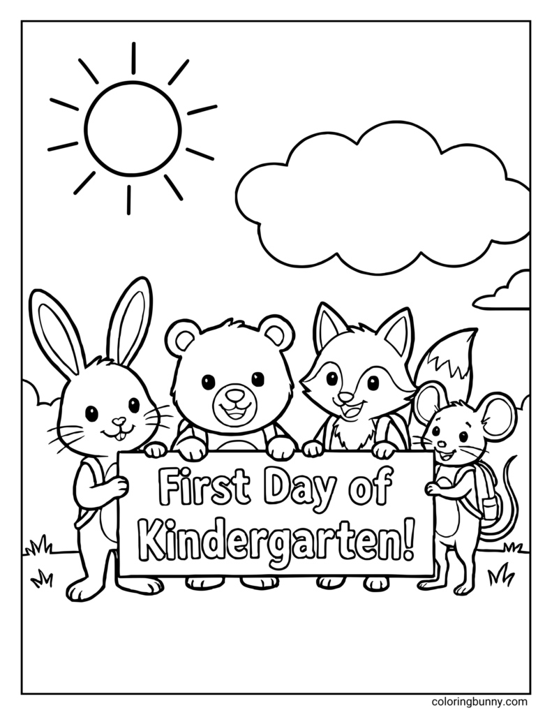 Coloring page featuring animals celebrating the First Day of Kindergarten