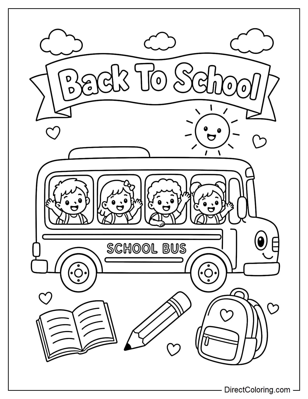 Coloring page featuring a school bus, kids, and school supplies for Back To School Coloring Pages Free Printable