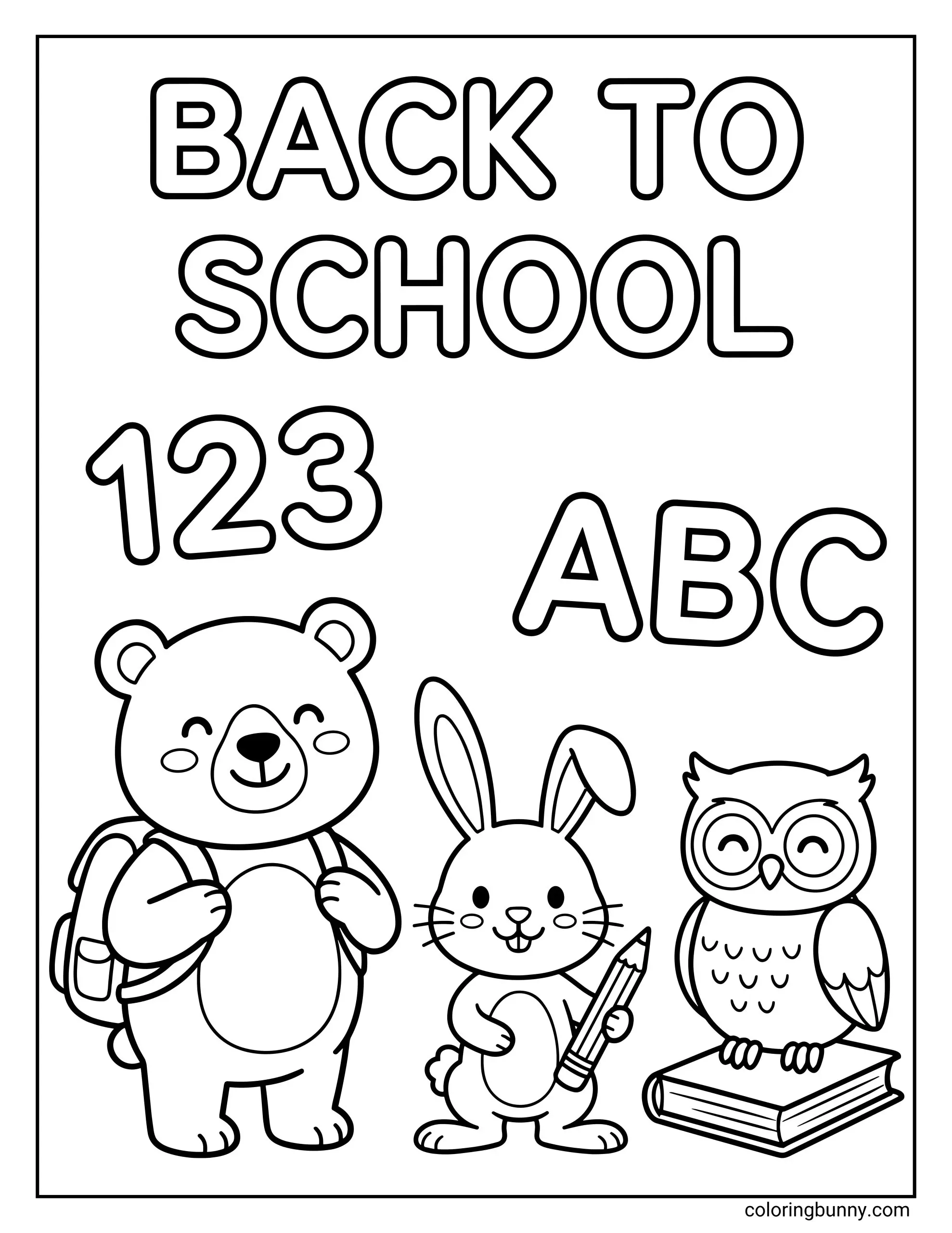 Free Back To School Coloring Pages Free featuring a bear, rabbit, and owl with school supplies