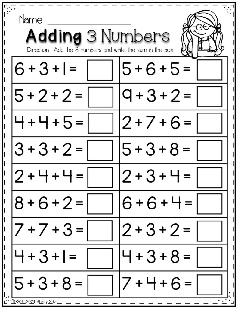 Back to School Math – Adding 3 Numbers Worksheet Printable worksheet for adding three numbers for back to school math