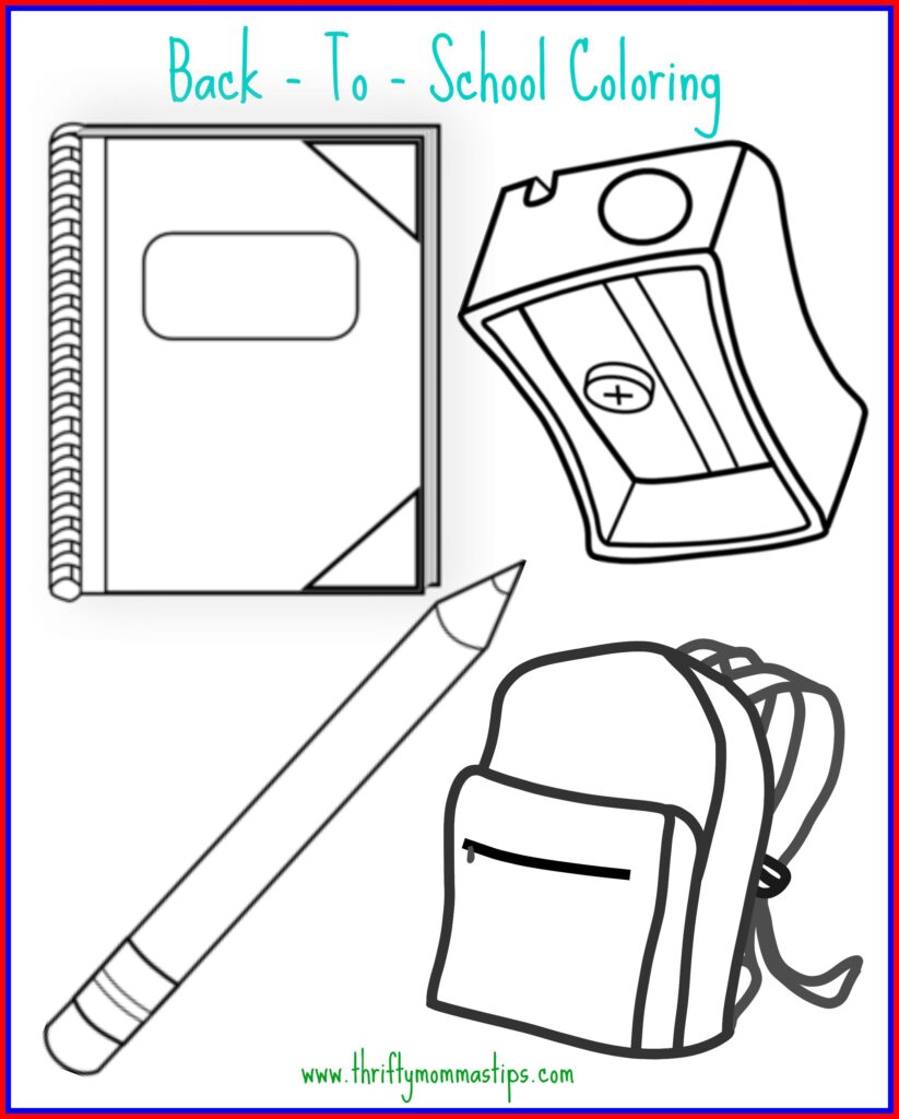 Back To School Printable Coloring Pages with a notebook, sharpener, pencil, and backpack illustrations
