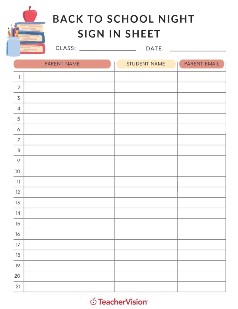Printable Back To School Sign In Sheet with spaces for parent and student information