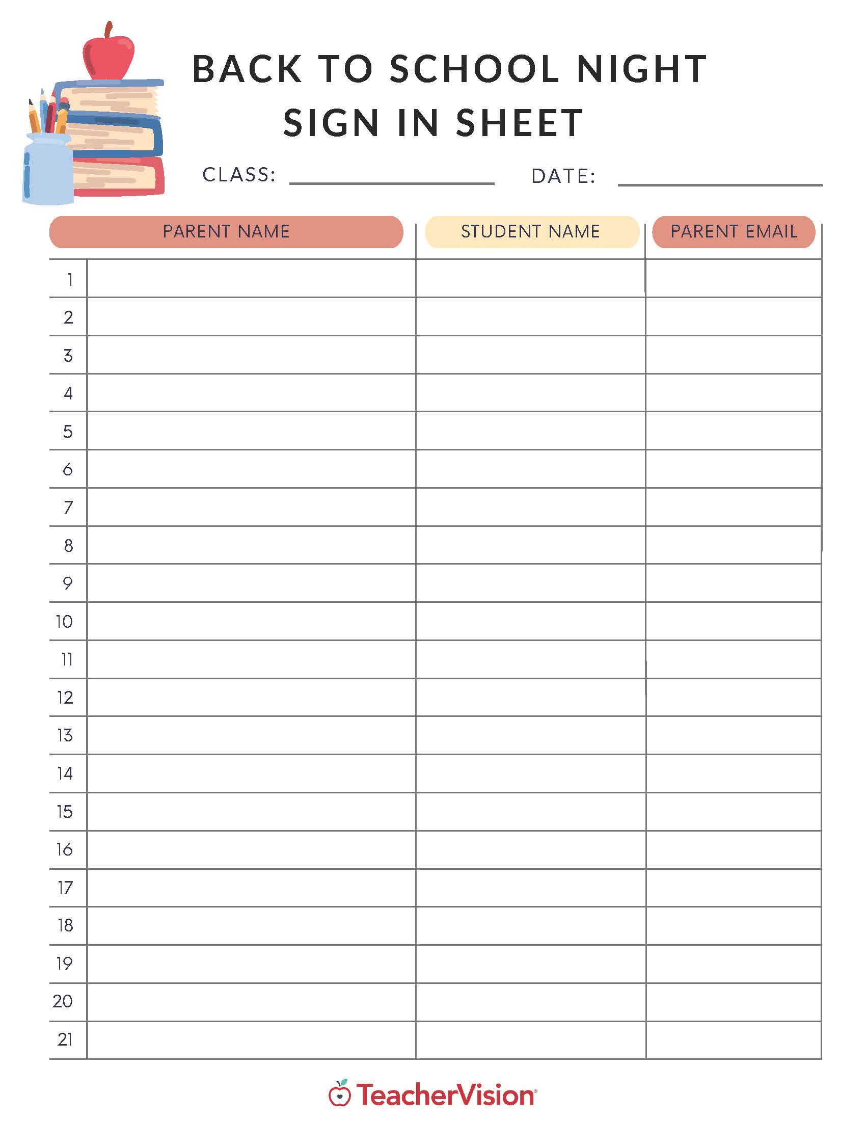 Printable Back To School Sign In Sheet with spaces for parent and student information