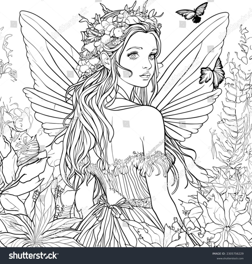 Beautiful Fairy Coloring Page for Adults Enchanting fairy surrounded by nature, perfect for Beautiful Colouring Pages For Adults