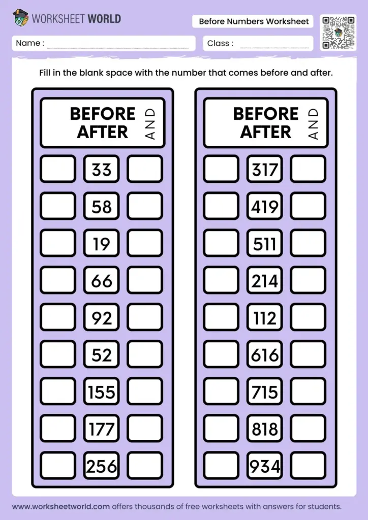 Free printable before and after number worksheets for 2nd grade students