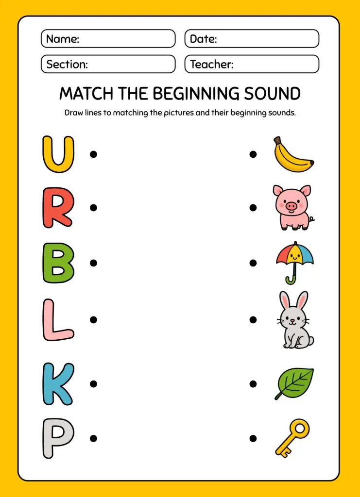 Beginner Kindergarten Alphabet Worksheet Template Beginner kindergarten alphabet worksheet for matching sounds