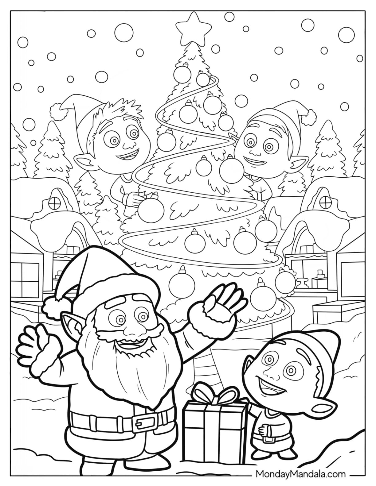 Coloring page featuring a Christmas tree with elves and gifts, perfect for Black And White Christmas Pictures To Color