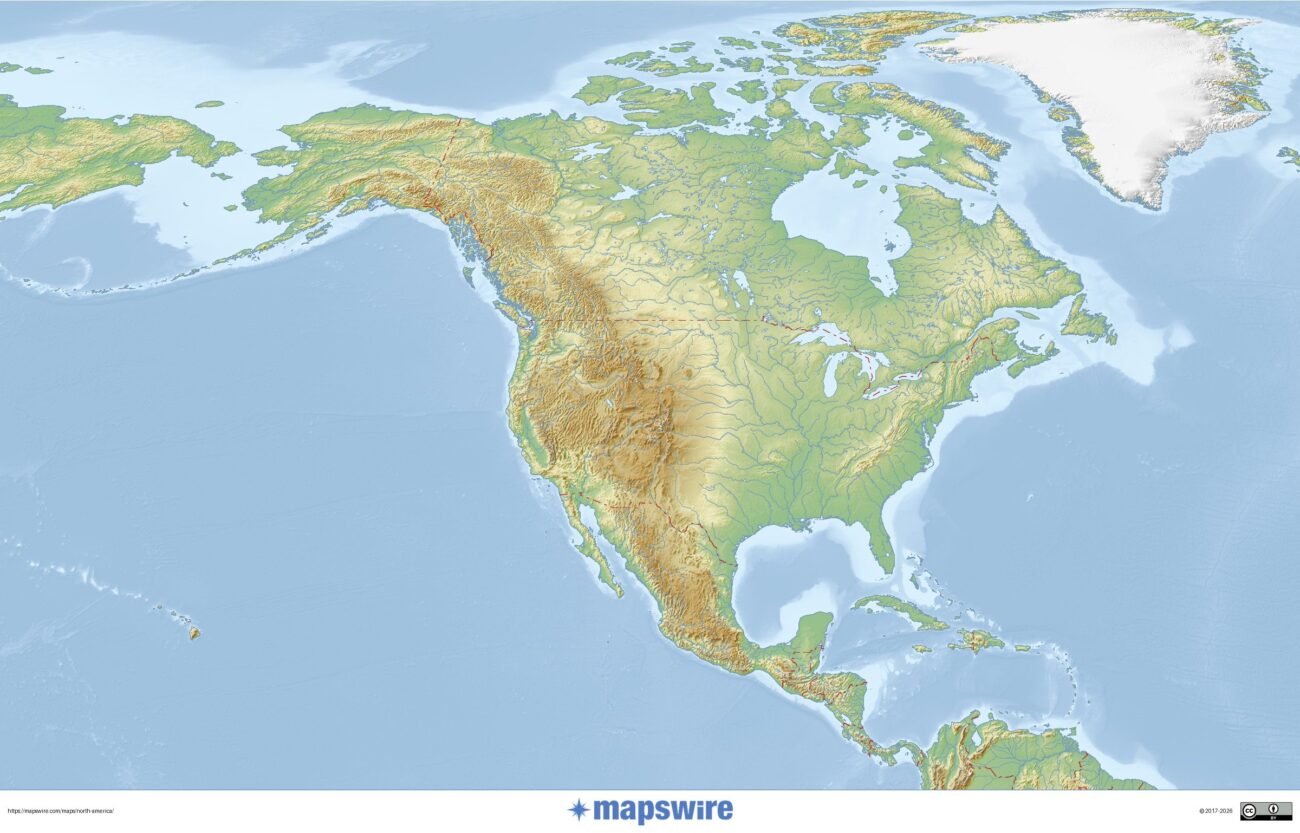 Blank North America Physical Map - Free Maps of North America | Mapswire