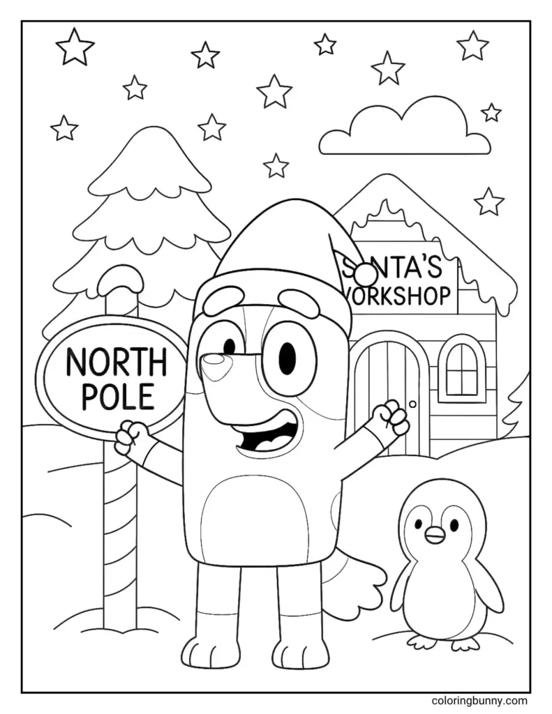 Printable coloring page of Bluey at Santa's Workshop with a North Pole sign