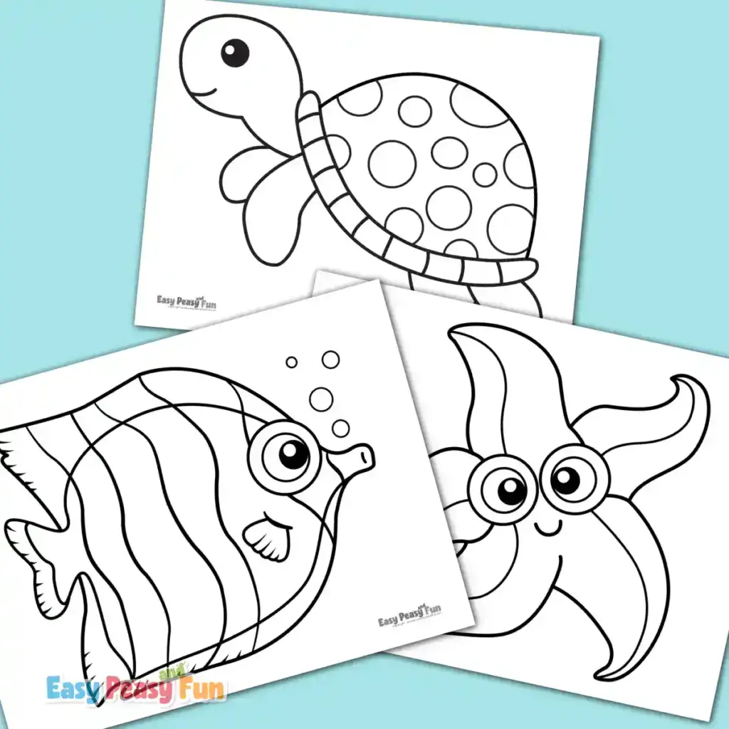 Coloring pages of a turtle, fish, and octopus designed for easy coloring