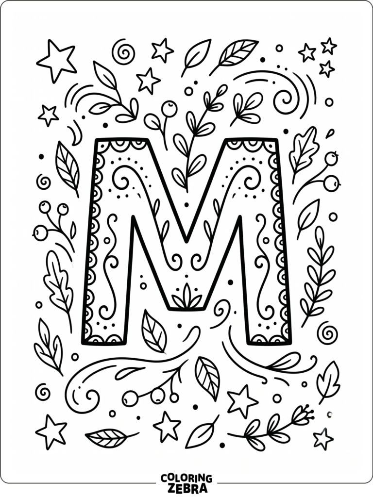 Bold Coloring Pages Printable Free featuring a decorative letter M surrounded by stars and leaves
