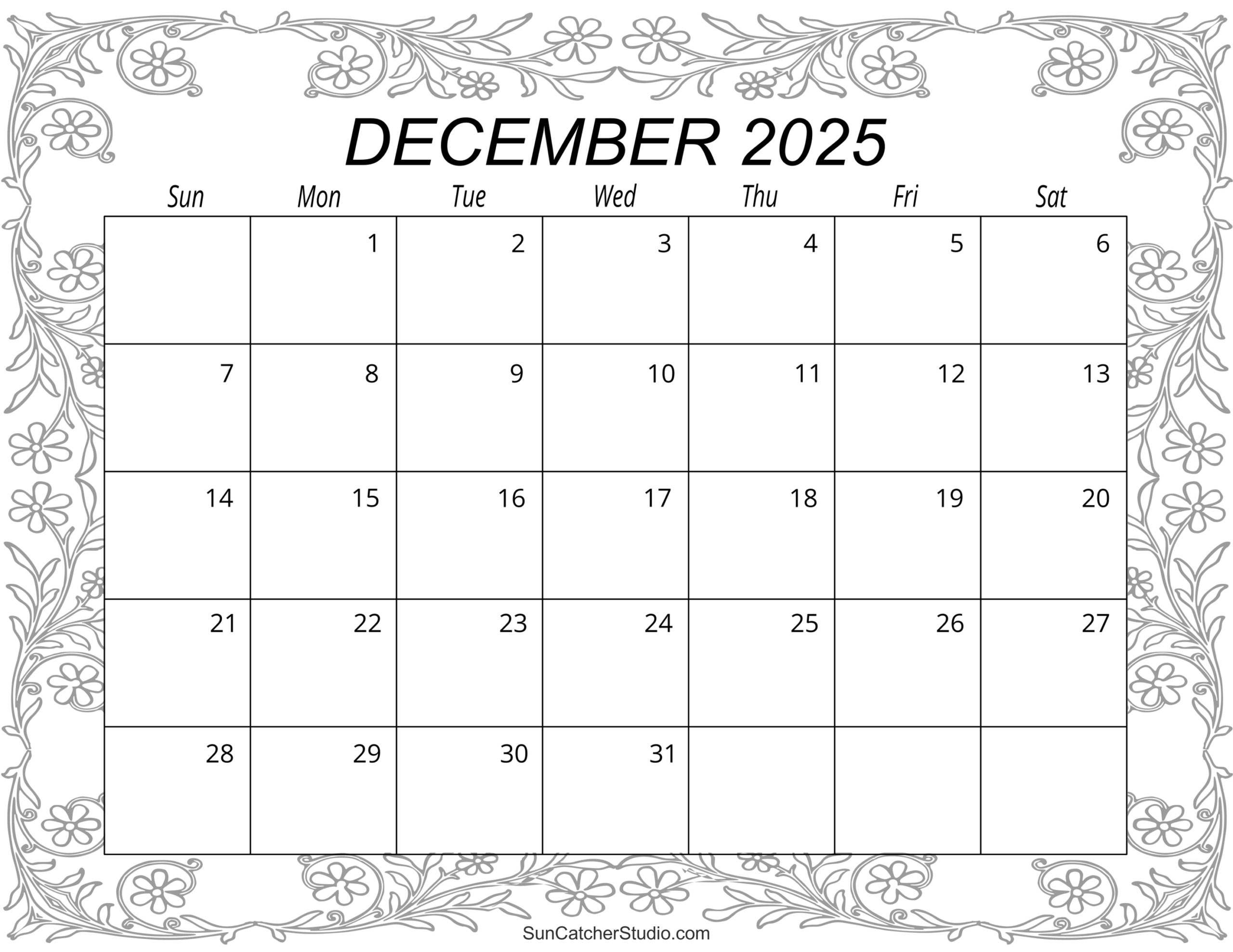 Calendar December 2025 Printable Free - Free printable December 2025 monthly calendar with blank spaces for notes