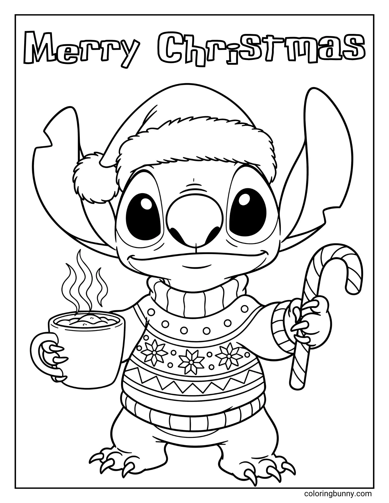 Free printable Cartoon Christmas Pictures To Color with Stitch holding a candy cane and hot drink