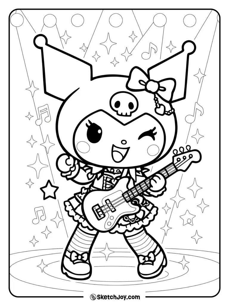 Coloring Pages of Fun Cartoon Characters Coloring page featuring a cute cartoon character with a guitar on stage
