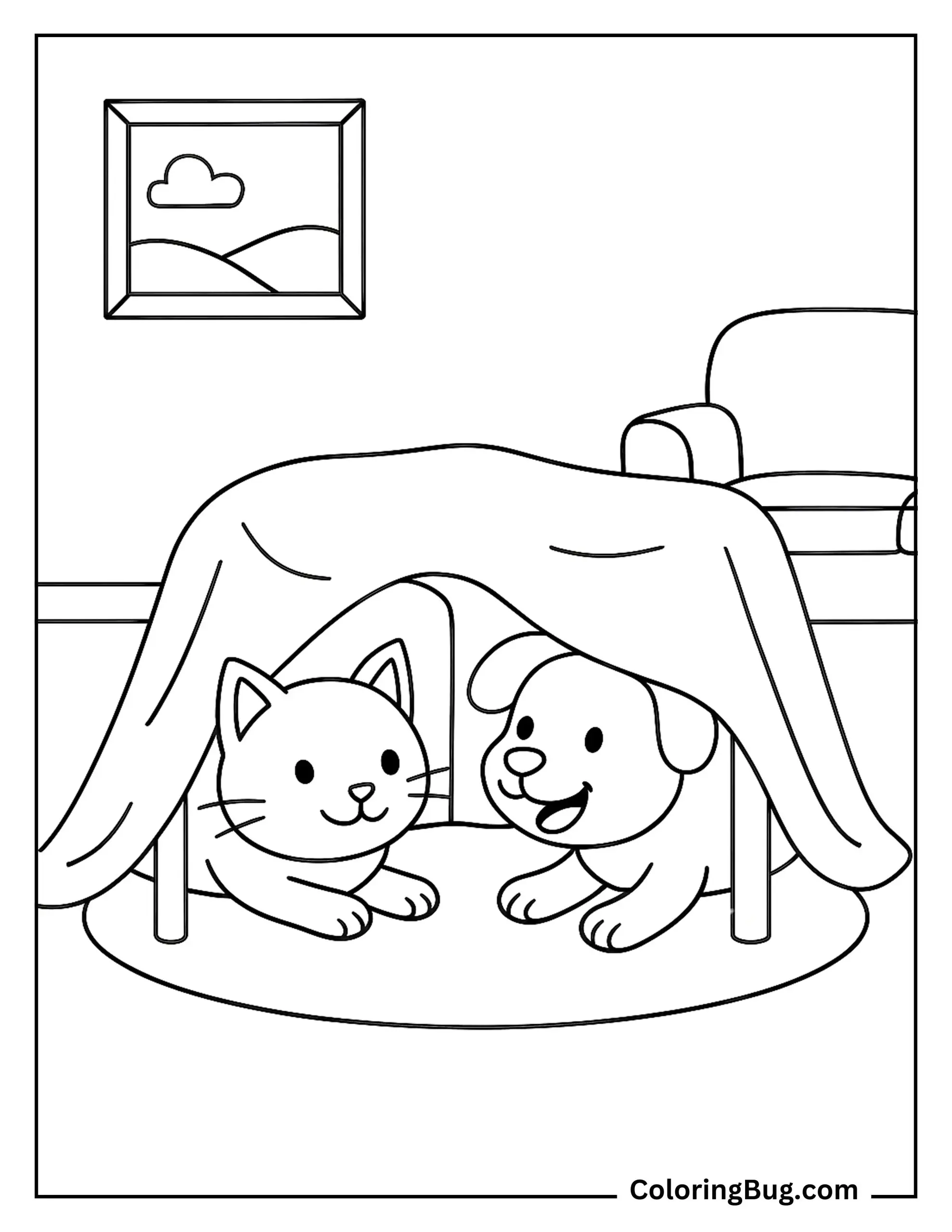 Free printable Cat And Dog Coloring Sheet featuring a cat and dog under a blanket fort